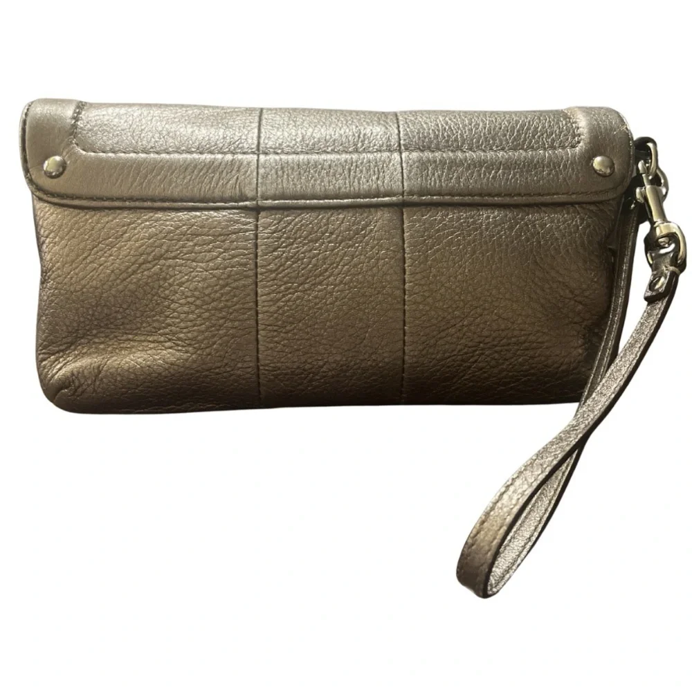 Coach Kristin Metallic Pewter Soft Pebble Leather Wallet, Wristlet Purse
